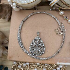 Vintage Heirloom Premier Design Silver Tone Marcasite & Rhinestone Necklace